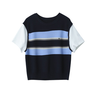 [Xiaomino] Korean version of stitching short sleeve fake two-piece sweater women's 2025 new short top 2770