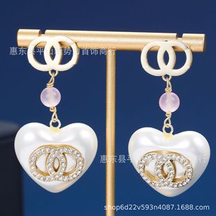 Xiaoxiangjia double C earrings female Chanel style pink diamond-embedded lovely earrings fragrant grandma heart-shaped earrings earrings Silver Needle