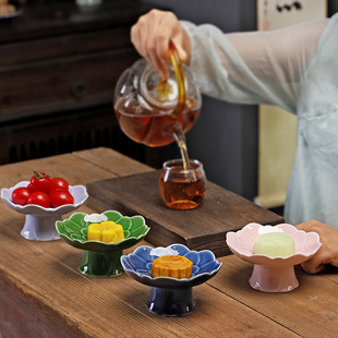 Ceramic Chinese-style high foot fruit plate tea tray tea table High Point plate club restaurant nut plate light luxury decoration plate fruit plate