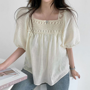 Korean chic Summer Niche Elegant Square Collar Hollow Crochet Loose All-match Perspective Puff Sleeve Shirt Top for Women