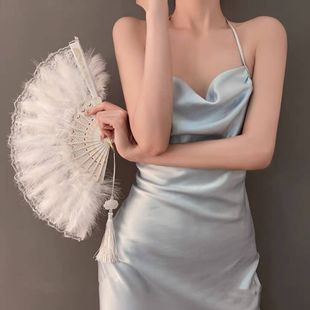 Древний стиль перья веер cheongsam женский подиум складной веер Hanfu Новый год черный кружевной веер танец веер ретро китайский стиль