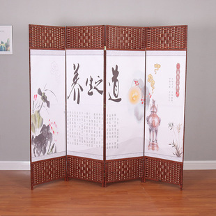 Mobile Solid Wood Frame Canvas Screen New Chinese Screen Living Room Bedroom Hotel Entrance Partition Folding Screen