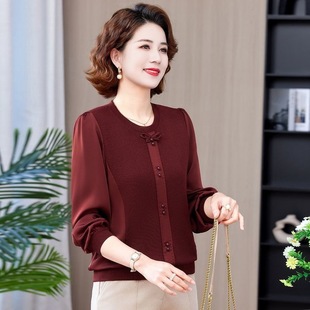 New Spring and Autumn Mother's Fashionable plus size Shirt Stitching Round Neck Backing Stylish Loose All-match Slimming T-shirt