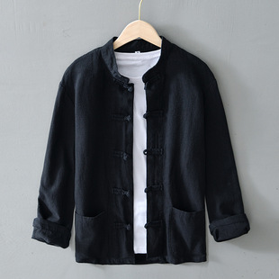 2024 New Arrival Chinese Style Tang Suit Men's Collar Retro Hanfu Cotton Linen Jumpsuit Large Size Fashionable Long Sleeve Shirt