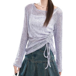 Micro-transparent texture base sunscreen shirt T-shirt women's summer round neck American-style loose casual thin long sleeve top
