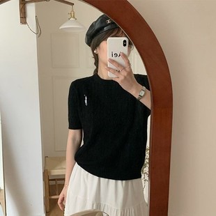 Pony Embroidered Twist Sweater Women's Round Neck Bottoming Sweater Short-sleeved Cardigan Women's Slim-fit Short Top T-shirt