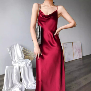 French Long Acetic Acid Satin Wing Neck High Design Sense Niche Outfit Sexy Sling dress Suit Inner
