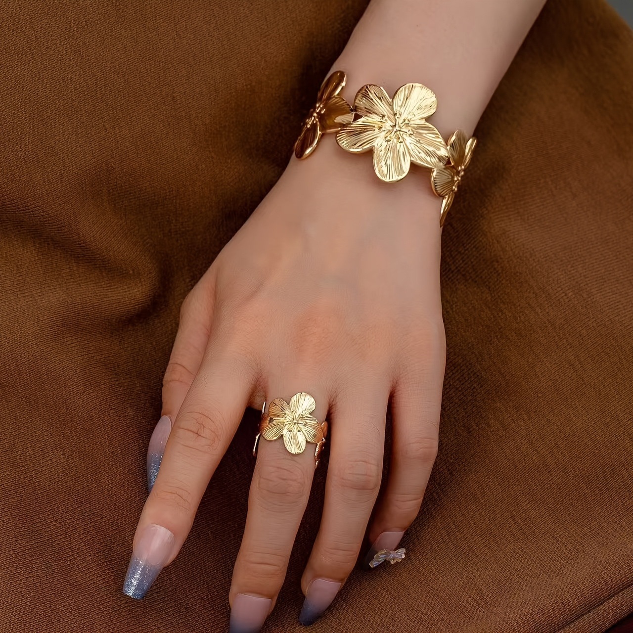 European and American Cross-Border Fashion Exaggerated Butterfly Flower Hollow Bracelet and Ring Set, Light Luxury Adjustable Open Design for Women