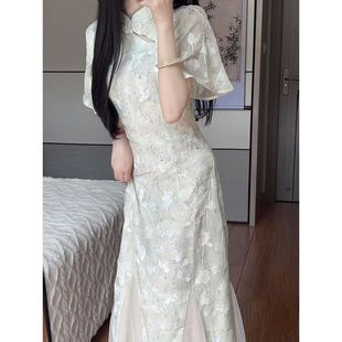 New Chinese Style Cool Style Dress Spring and Autumn 2023 New Women's Clothing Light Guofeng Green Cheongsam Modified Fishtail Skirt