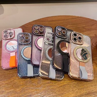 Suitable for Apple 16pro Mobile Phone Case New iPhone15TPU Glitter Rhinestone 14 Mirror Magnetic Suction Handheld Bracket