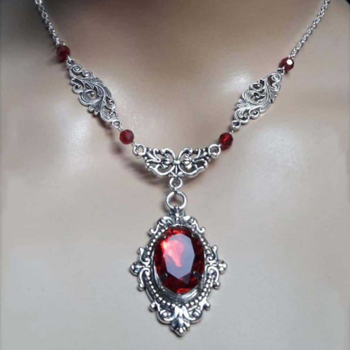 Rose Victorian Necklace with Dark Red Glass Gemstone Steampunk Gothic Witch Necklace Christmas