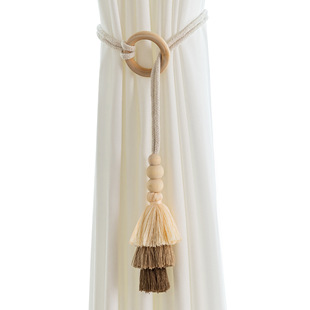 Cross-border foreign trade temu hot-selling Bohemian wooden ring cotton rope three-color tassel adjustable all-match curtain strap