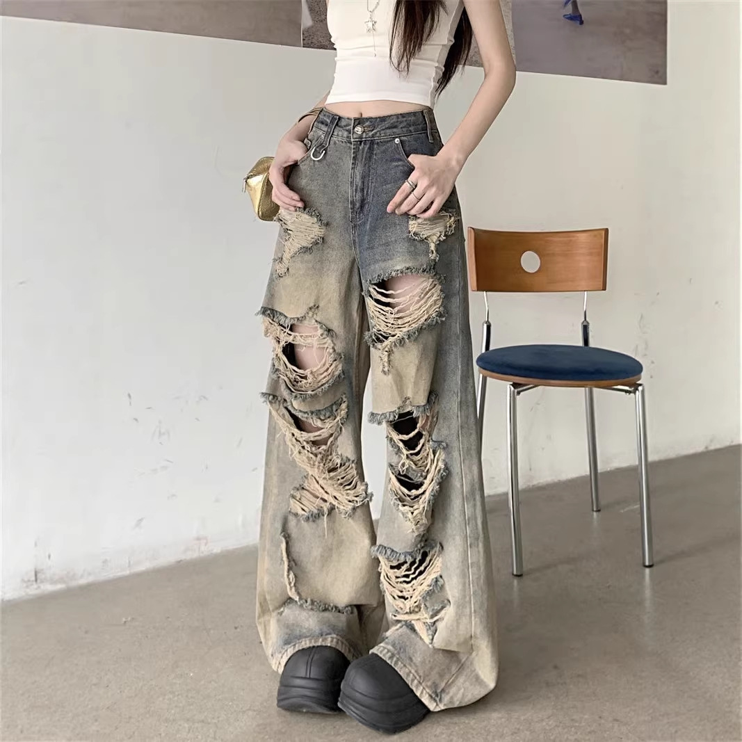 American-Style Vintage Ripped Jeans for Petite Individuals, European and American Street Fashion Pants, Post-Apocalyptic Style, Washed and Distressed Straight Wide-Leg Pants