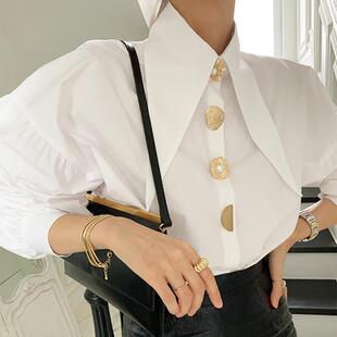 South Korea chic spring elegant temperament pointed collar chic single row button loose lantern sleeve shirt top for women