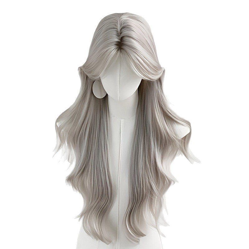 Silk Hair Simulation Female Wig in Silver-Gray Color, Full Head Wig with Long Hair, Middle Parting, Long Curly Hair, Full Head Cover