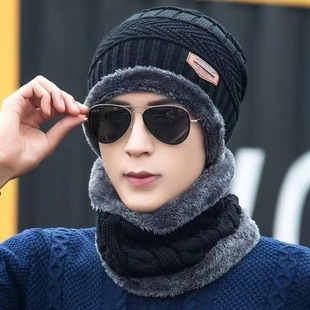 Hat men's winter warm ear protection fleece-lined knitted hat thickened scarf two-piece cross-border autumn and winter wool cap wholesale