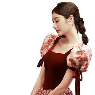 Toast Dress Bride Elegant Long Retro Style Princess on the Run Engagement Evening Dress Burgundy Floral Wear