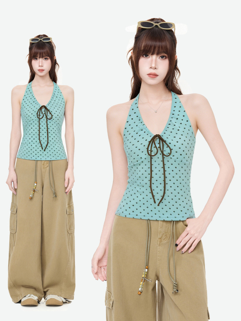 Green Star Print V-Neck Sleeveless Halter Top for Women, Summer 2026