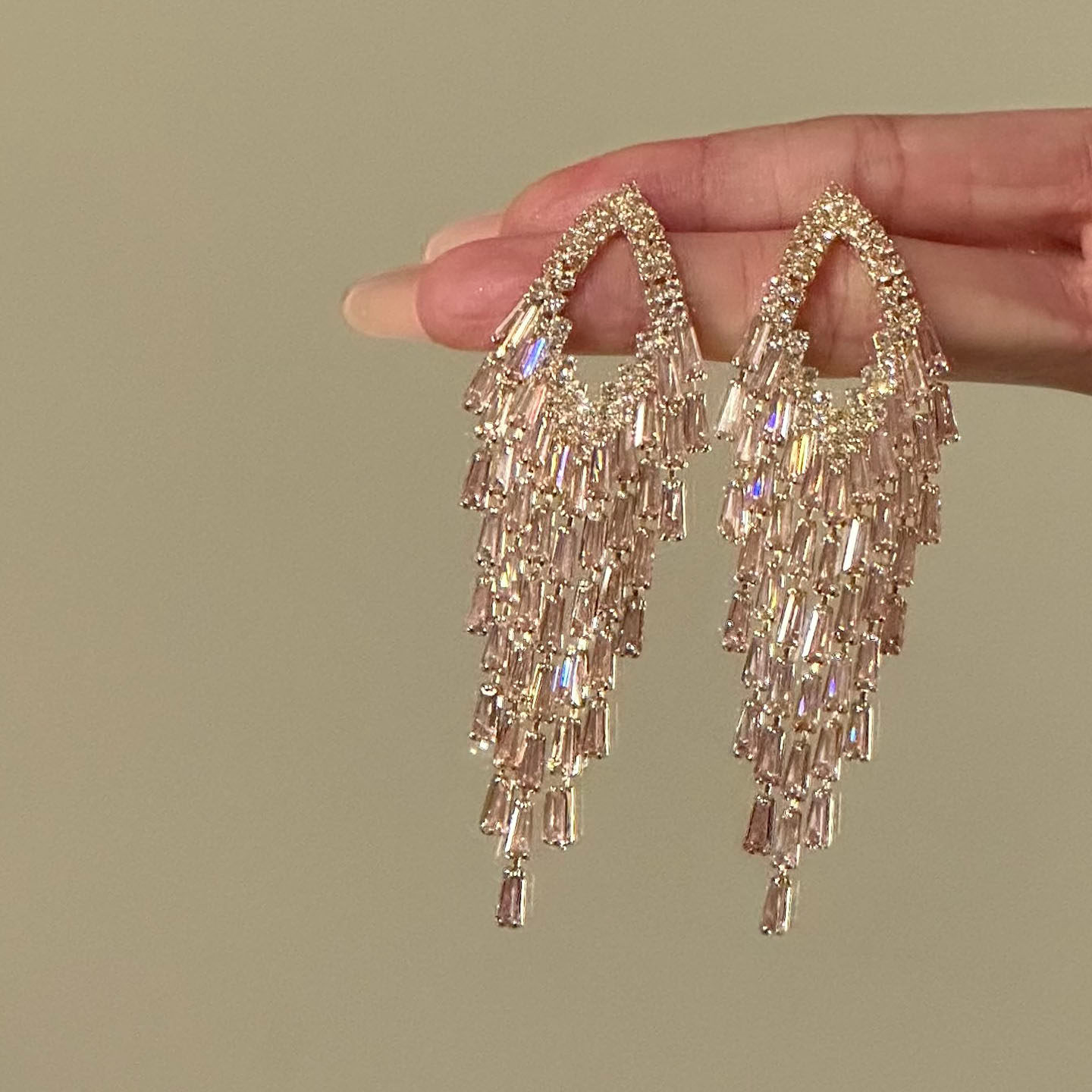 【Stars by the Ear】Super Sparkling Pink Crystal Tassel Earrings for Women, Elegant Dress Earrings with Unique Design
