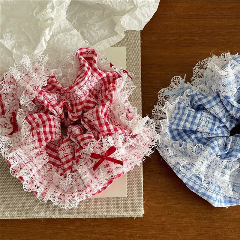 Blue Fresh Plaid Scrunchie with High-End White Lace Edge and Bowknot Hair Tie for Sweet Girls