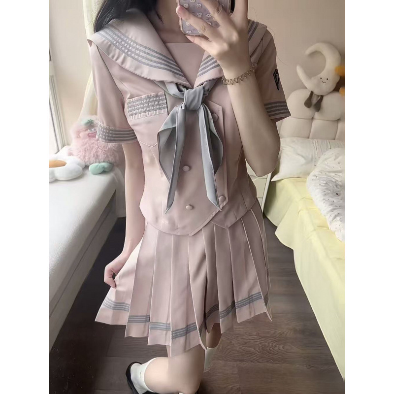Lulu Cake Double-Breasted Waist-Cinching Short-Sleeve Sailor Suit Pink Summer Japanese-Style Uniform College Style Set