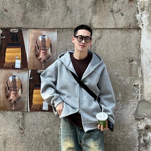 Autumn South Korea Double Head Zipper Air Layer Removable Shoulder Pad Hooded Sweater Men's Casual Cardigan High-end Sense Jacket