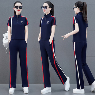Ice Silk sports suit women's summer 2023 new western style slim fit slimming stand collar short sleeve trousers casual wear two-piece suit