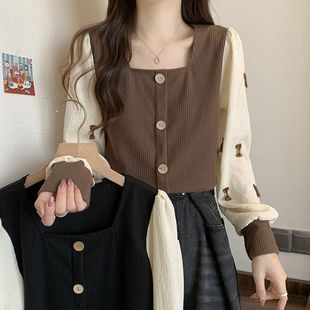plus size Women's Long-sleeved T-shirt Spring and Autumn Western-style Square Collar Base Shirt chubby girl Belly-covering Slimming Stitching Fake Two-piece Top