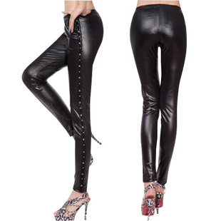 Spring and Autumn Lace Leather Pants Sexy Side Rivet Slim-Fit Slim Pants Women's Nine-point Leggings Factory Outlet