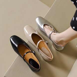 Retro soft leather silver Mary Jane leather shoes Women's Flat sheepskin strap shoes nude black plus size 4043