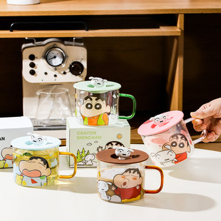 [Genuine Crayon Shin] High Borosilicate Glass with Lid Cartoon Cute High Color Value Drinking Glass Cup