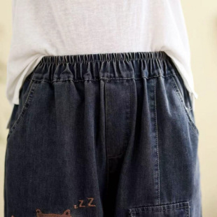 Patch Letter Printed Denim Shorts for Women, Summer Loose Plus Size Straight-Leg Jogger Shorts