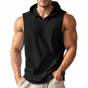 2025 Cross-border Summer American-style Men's Sports Fitness Training Zipper Hooded Cardigan Sleeveless Loose Breathable Vest