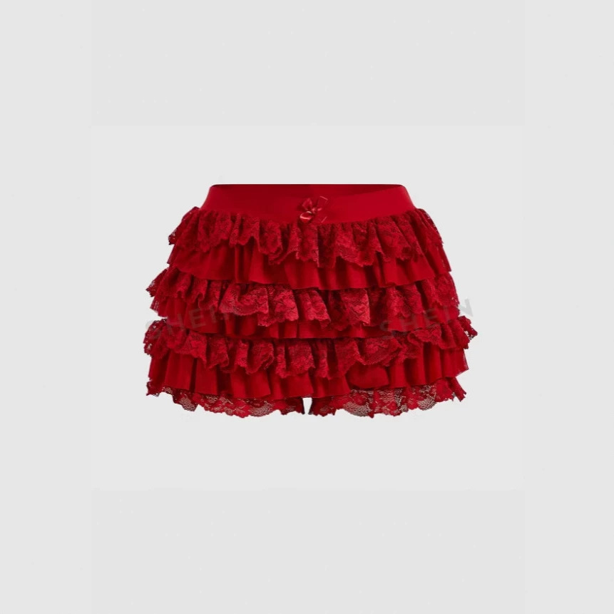 T Cross-Border Hot-Selling Item on Amazon, European and American Women's Y2K Style Ruffled Lace Lantern Shorts with Bow Design Short Skirt