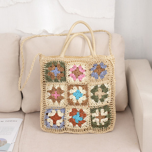 Fashion Creative Multicolor Hand Crochet Mosaic Woven Straw Bag Portable Shoulder Square Ethnic Style Beach Bag