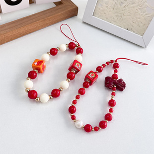 Happy New Year red fun just want to make a fortune mobile phone short lanyard wrist rope handmade beaded manufacturers wholesale