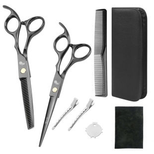 Amazon Hot Sale Black Professional Haircut Scissors Hairdressing Scissors Set Teeth Cut Flat Cut Hair Scissors Wholesale