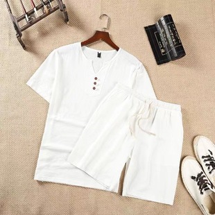 Linen Short-sleeved T-shirt suit Men's Summer Chinese Style Men's V-neck Cotton Linen Solid Color plus size Top Shorts Two-piece Set