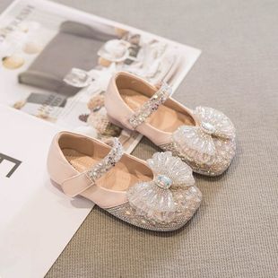 Girls' Shoes Kidsren's Princess Small Leather Shoes Dance Performance Shoes 2024 Spring & Fall New Baby Crystal Shiny Rhinestones