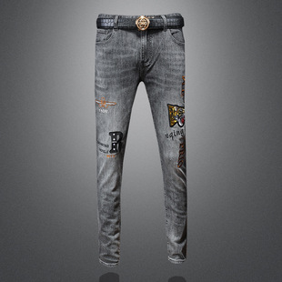 2024 New Washed Embroidered Jeans Slim Fit Small Foot Stretch Trendy Men's Pants Casual Jeans Long Pants