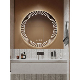 Punched round smart bathroom mirror bathroom wall mirror touch defogging multi-functional illuminated cosmetic mirror
