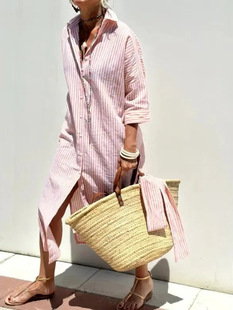 2025 independent station Amazon European and American women's half sleeve striped cardigan lapel shirt dress long
