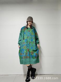 Vintage plus size Hooded dress Women's Mid-length 2023 Autumn and Winter New Loose Artistic Printed Niche Coat for Women