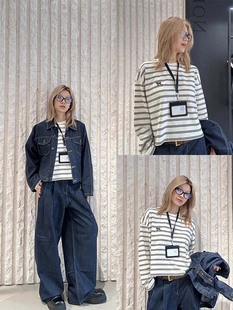 Siyuan 25 Spring Classic Loose Casual Long-Staple Cotton Two-Color Round Neck Dropped Shoulder Sleeves Stripesd Long-Sleeved T-Shirt for Women 8968