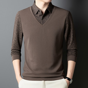 High-grade Long-sleeved T-shirt Men's 2024 Spring and Autumn Men's Long-sleeved Fake Two-piece Slim-fit Solid Color Base Shirt for Middle-aged and Elderly Men