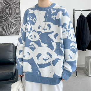 2024 New Arrival Hong Kong Style Men's Sweater Autumn and Winter New Arrival Panda Embroidered Knitted Sweater Trendy Brand Crewneck Top