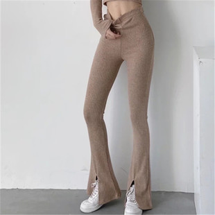 Knitted elastic micro bell-bottomed pants female European and American ins autumn new casual high-waisted slit pants