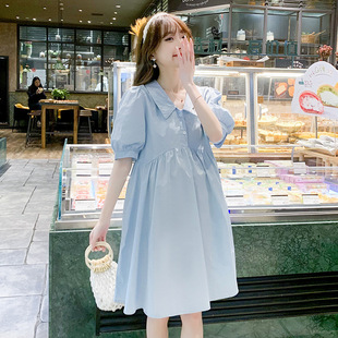 Maternity Summer Fashion Simple Solid Color Short Sleeve Lapel dress Loose plus size Casual Skirt Summer Maternity Dress