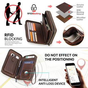 Black Angel Litchi Leather RFID Anti-theft Brush Double Zipper Clutch Wrist Strap with Password Lock Travel Passbook Bag