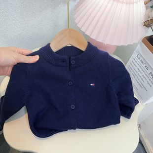 Children's Sweater Boys and Girls Solid Color Embroidered Knitted Cardigan Baby's Wool Round Neck Coat Spring and Autumn Long Sleeve Top
